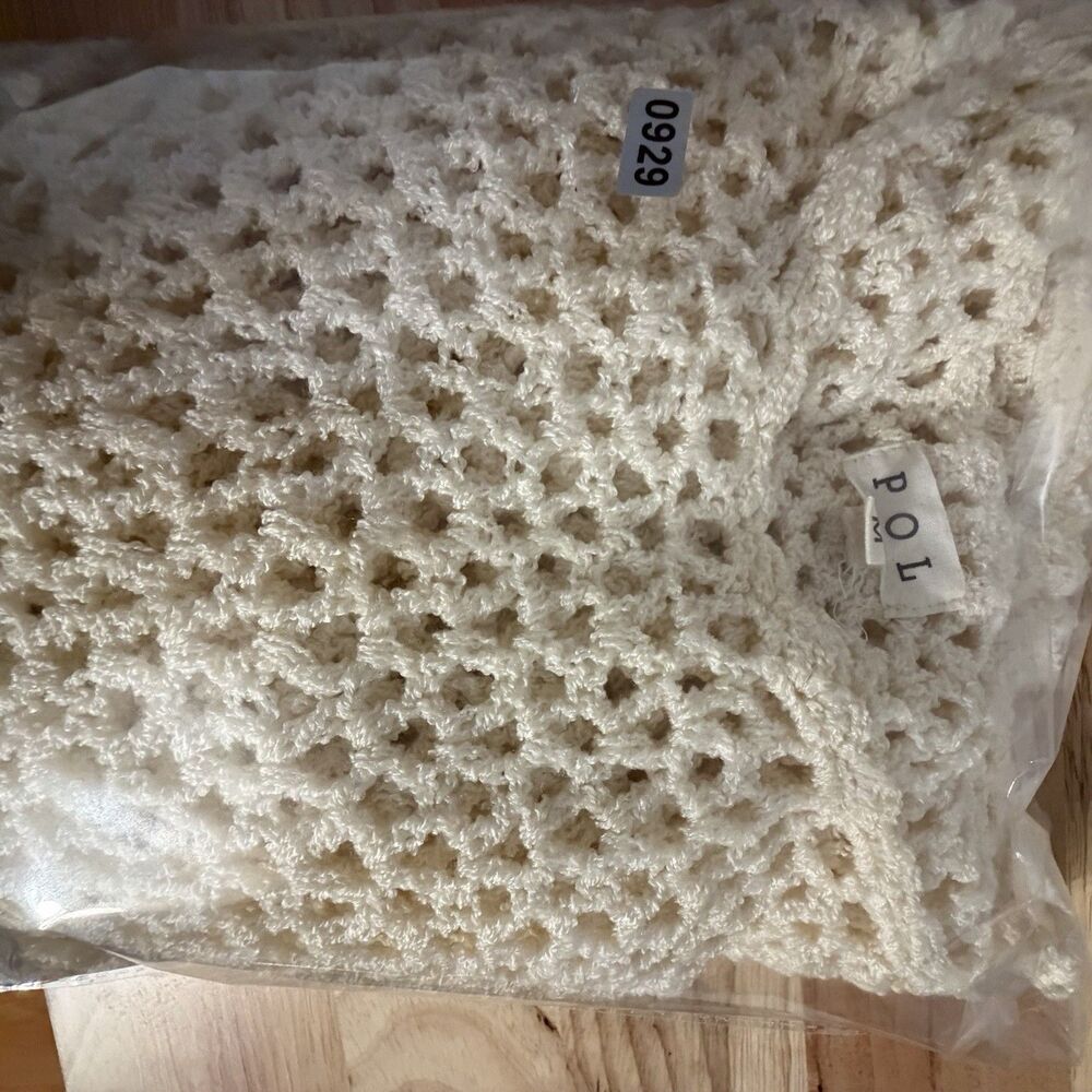 POL Clothing Womens Medium Cream Open Knit Crochet Bell Sleeve Sweater BST8 Boho - Picture 9 of 9